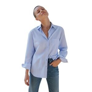 Ayr The Deep End Blue Skies Blue and White Stripe Button Down Shirt-Medium